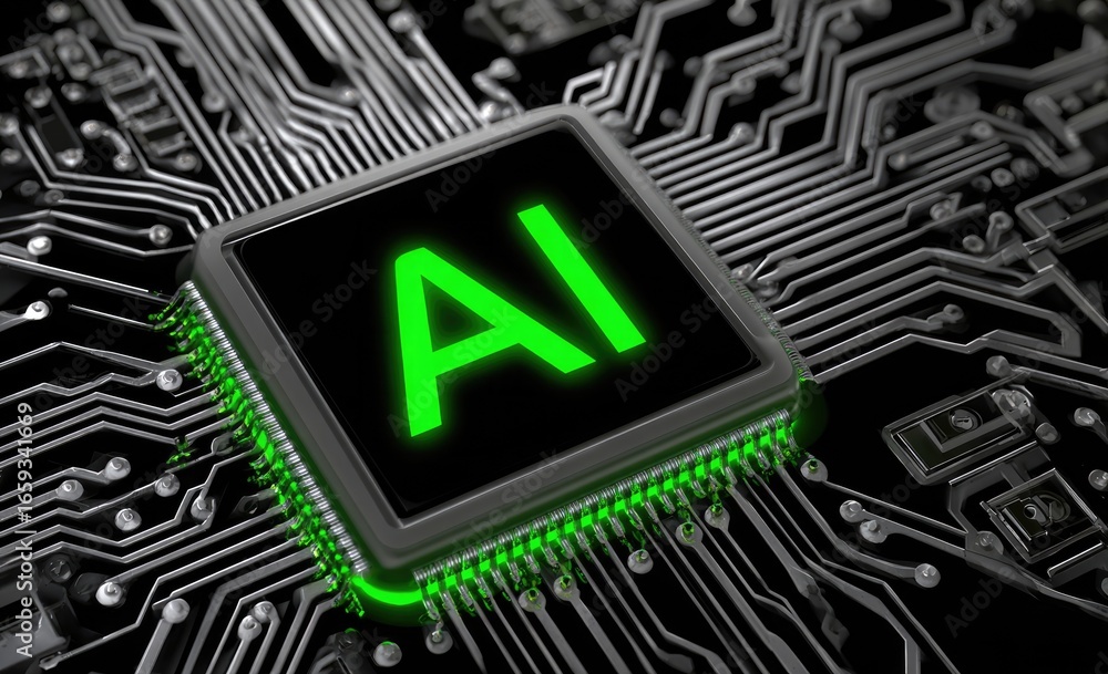 Fototapete a close-up view of a high-tech computer chip featuring ai technology, with intricate circuitry and a