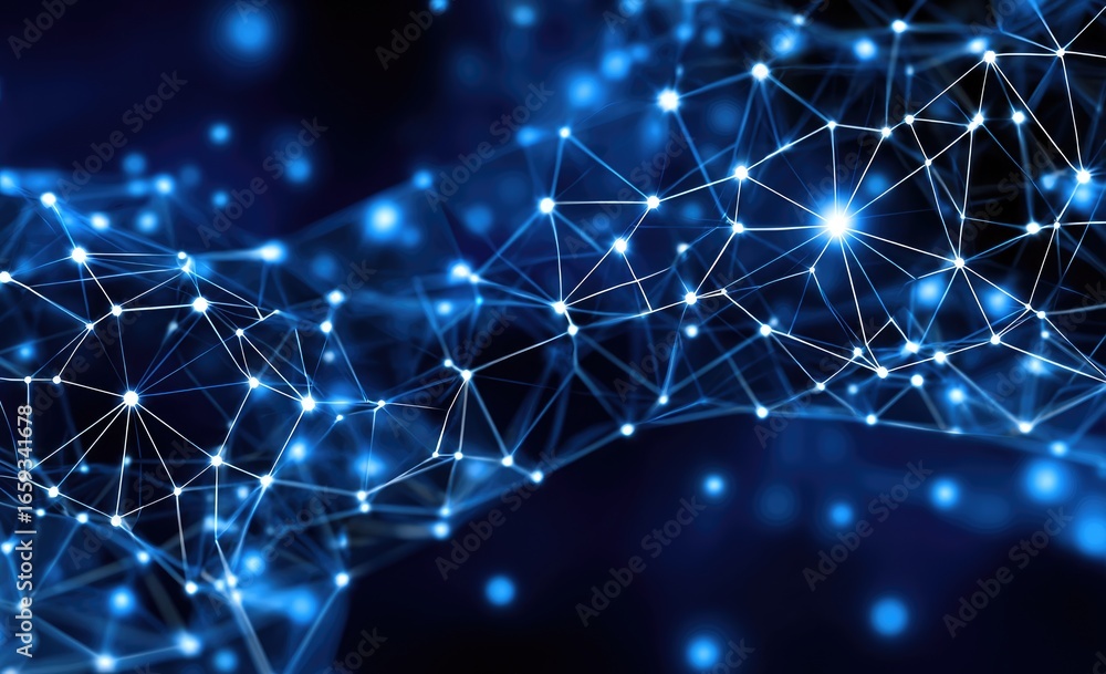Poster a close-up view of a interconnected network of nodes and lines, illustrating the concept of data tra