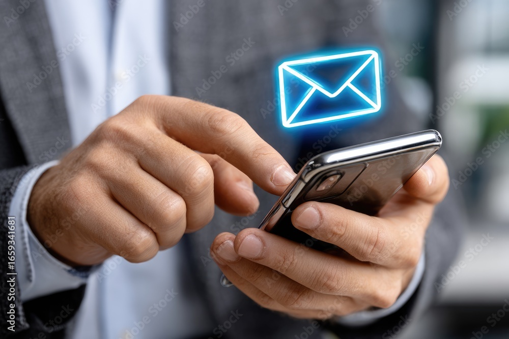 Poster a close-up view of a person using a smartphone, focusing on email communication. the glowing email i