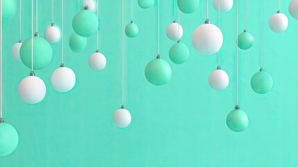 Mint and white Christmas ornaments hanging from strings.