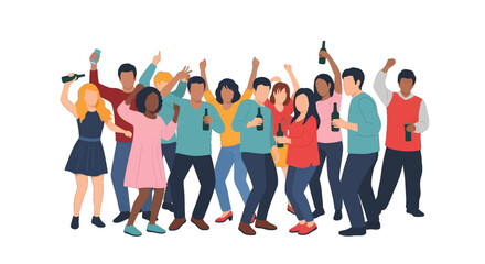 Obraz premium Diverse Group Celebrating Together in Pixelated Style With Raised Arms Holding Bottles at a Party in White Background