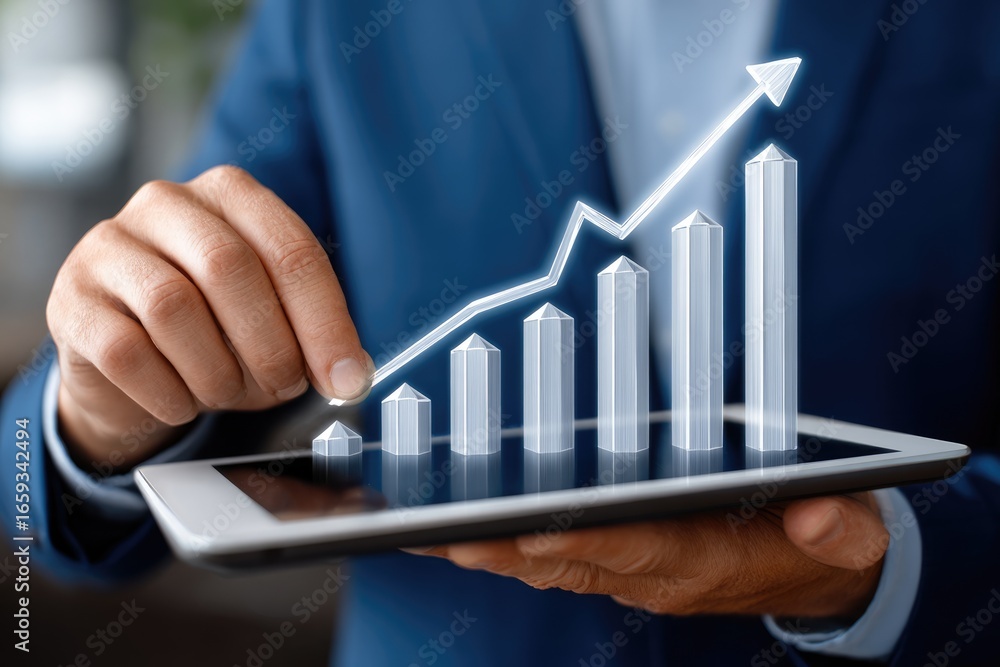 Poster a professional man interacts with a digital tablet displaying a soaring bar graph, symbolizing growt