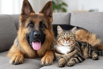 Fototapeta na wymiar A playful German Shepherd and a curious tabby cat sit side by side on a cozy sofa. Their companionship highlights the bond between different pets in a warm home environment.