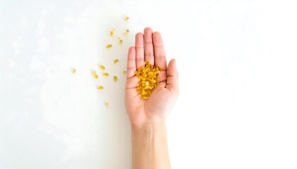 Fototapeta premium Hand holding a pile of yellow pills on a white surface