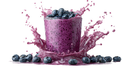 Blueberry Smoothie Explosion A Glass of Refreshment Surrounded by a Pink Splash and Scattered Berries on Transparent