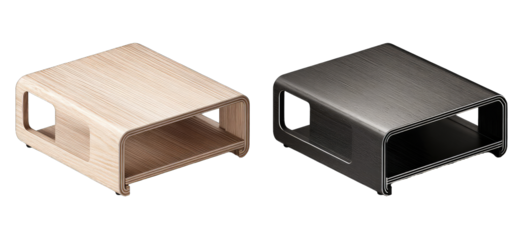 Two modern, light-colored and dark-colored low tables