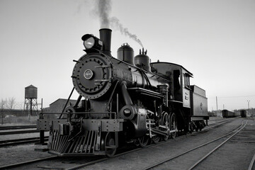 Fototapeta premium Vintage steam locomotive moving along train tracks