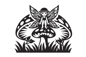 Black Silhouette Fairy Girl on Mushroom with Wings on White Background