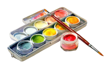 Watercolor paints and brush in a palette