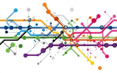 Naklejka premium A vibrant abstract illustration featuring interconnected lines and colorful dots, symbolizing connectivity and innovation in technology and design.