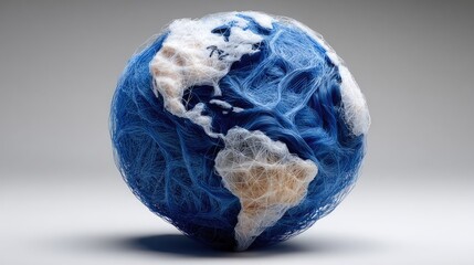 Detailed artistic representation of a globe covered in intricate threads.