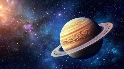 Vastness of space seen from a spaceship window distant stars twinkling as a giant gas filled planet looms close its rings spinning around it in slow motion