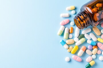 A vibrant collection of assorted pills and capsules spilling from a brown glass bottle on a light blue background, representing health, wellness, and pharmaceutical care.