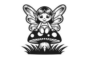 Fairy Sitting on Mushroom Vector, Wings, Silhouette, Fairytale, White Background