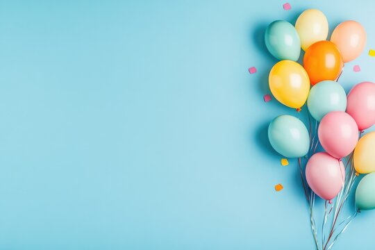 A vibrant collection of colorful balloons against a light blue background, perfect for celebrations and festive occasions. Ideal for invitations, parties, and cheerful decorations.
