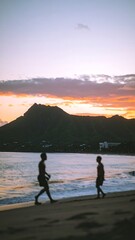 Silhouette of people walking on beach at sunset