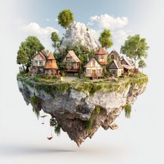 Floating village nestled in mountain, idyllic scene, whimsical landscape