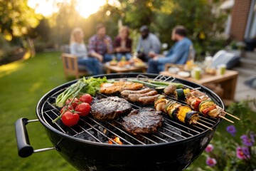 A vibrant outdoor barbecue scene featuring grilled meats and vegetables. Friends gather in a sunny garden, enjoying delicious food and cheerful conversations.