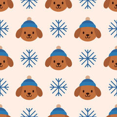 Cute Dog and Snowflake Seamless Pattern Vector Illustration. Perfect for cozy design, seasonal projects and children's products