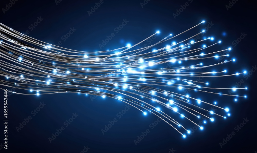 Poster an abstract representation of digital data transmission, featuring glowing fibers emitting blue ligh