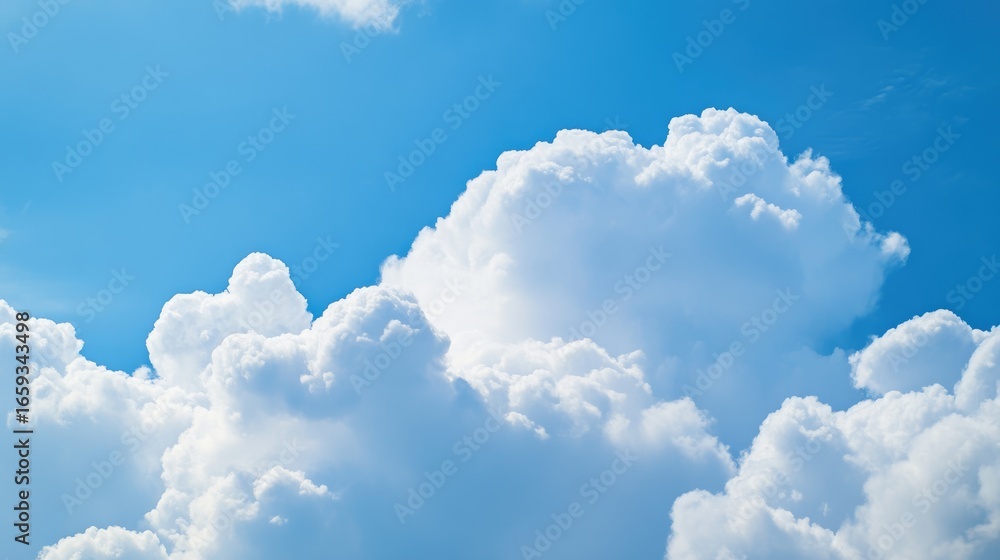 Poster bright and fluffy white clouds float across a vivid blue sky, creating a serene and calming atmosphe