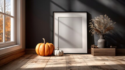Cozy fall corner featuring pumpkins and autumn decor in an American home interior for Halloween celebration