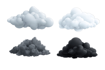 Four cartoon clouds in grayscale, varying shades