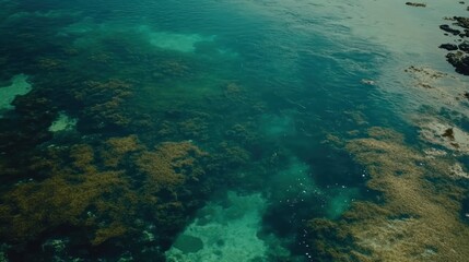 Obraz premium Aerial view of the ocean water with algae growth near the shoreline and rocks with crystal clear