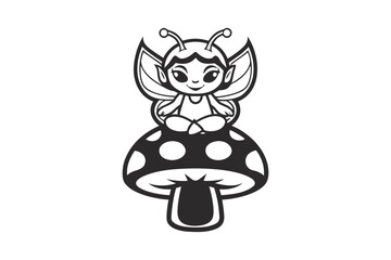 Charming Cartoon Fairy Sitting on Mushroom with White Background Design