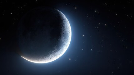 Fototapeta premium Crescent moon bathed in starlight against a dark night sky.