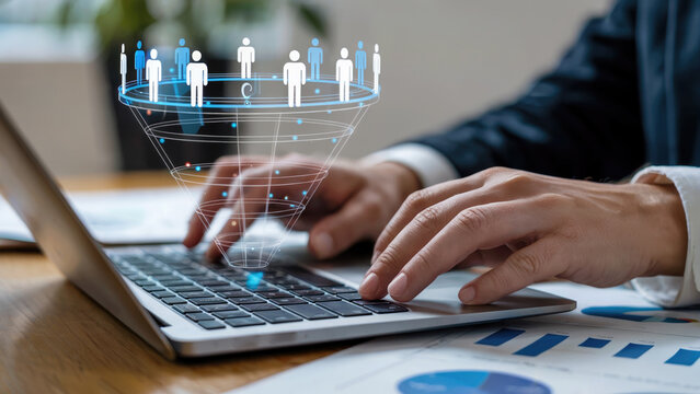 Businessman using laptop with digital marketing funnel for lead generation and sales growth