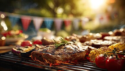 Backyard BBQ grilling steaks and vegetables, festive decorations