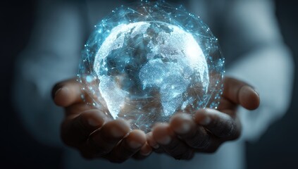 Holographic Earth held in hands, digital network background,  future technology concept