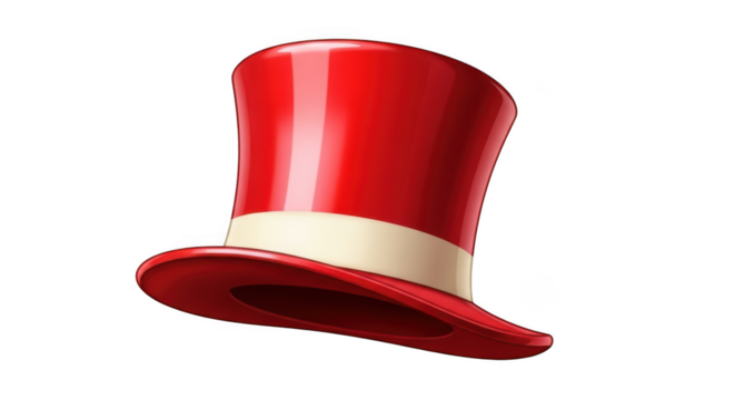 Shiny red top hat with cream band isolated on transparent background