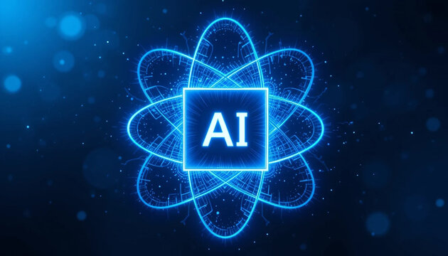 Digital Artificial Intelligence Atom Concept in Glowing Blue