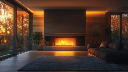 A luxurious living area features a modern fireplace that exudes warmth, complemented by plush seating and breathtaking mountain views through large windows.