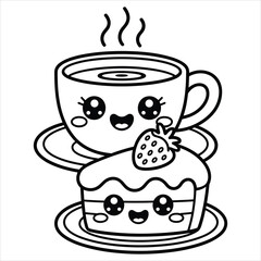 Kawaii Coffee Cup and Strawberry Cake Coloring Page Vector