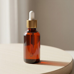 Fototapeta premium An amber glass serum bottle with a cap on a beige round wooden surface. captured in a brightly lit studio setting. amber bottle on a wooden surface.