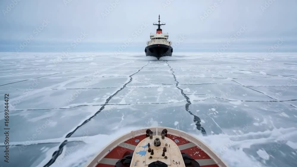 Poster a view from the bow of a ship navigating through icy waters, with another vessel visible cutting thr
