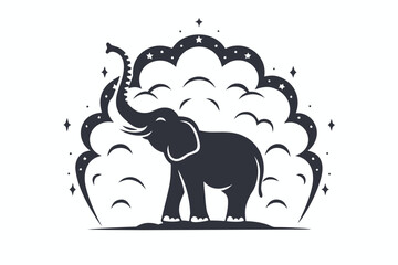 Elephant Silhouette with Stars and Cloud Design on a White Background