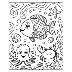 Obraz premium Cute Sea Animals Coloring Page Vector Illustration