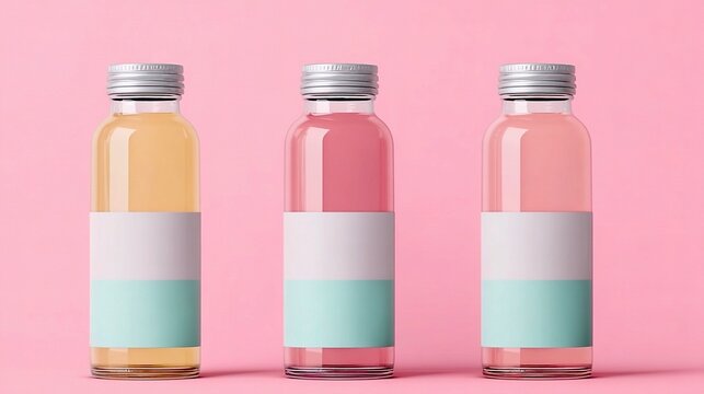 Pastel pink and mint color block label mockup bottle with mooth matte surface, minimalist background, emphasizing design and modern color palette for branding or product packaging concepts.