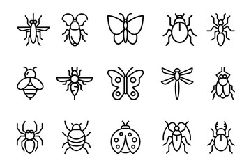 Insect icon set on white background. Symbol of bug, ladybug, butterfly, dragon fly, bee, wisp, mosquito, beetle, fly, cockroach, ant, spider. Insect outline editable vector stock