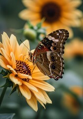 Elegant Eyespot Butterfly in Profile on a Golden Sunflower Bloom