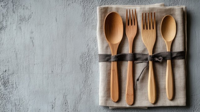 Sustainable wooden cutlery set arranged on a linen napkin promoting a zero waste lifestyle and eco-friendly dining practices