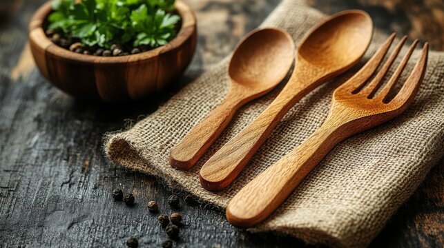 Sustainable wooden cutlery set arranged on a linen napkin promoting a zero waste lifestyle and eco-friendly dining practices