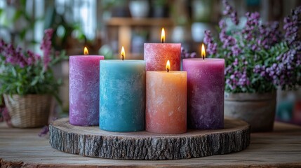 Three aromatic candles in pink, purple, and yellow hues glow softly on a rustic wooden table surrounded by lavender. The warm sunset creates a calming atmosphere perfect for relaxation.