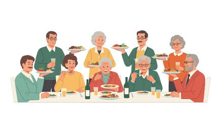 Festive Group Meal Featuring Seniors at Lighted Table with Food in Home Setting for Celebratory Gathering With Friends and Family