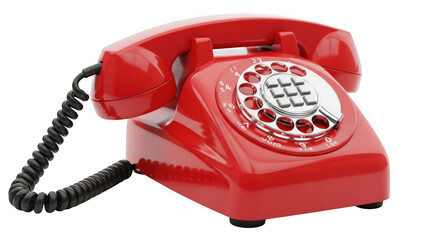 Classic red rotary dial telephone with curly cord isolated on transparent background
