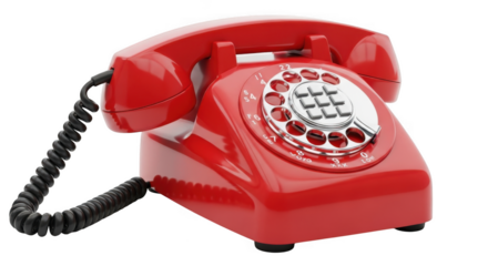 Classic red rotary dial telephone with curly cord isolated on transparent background